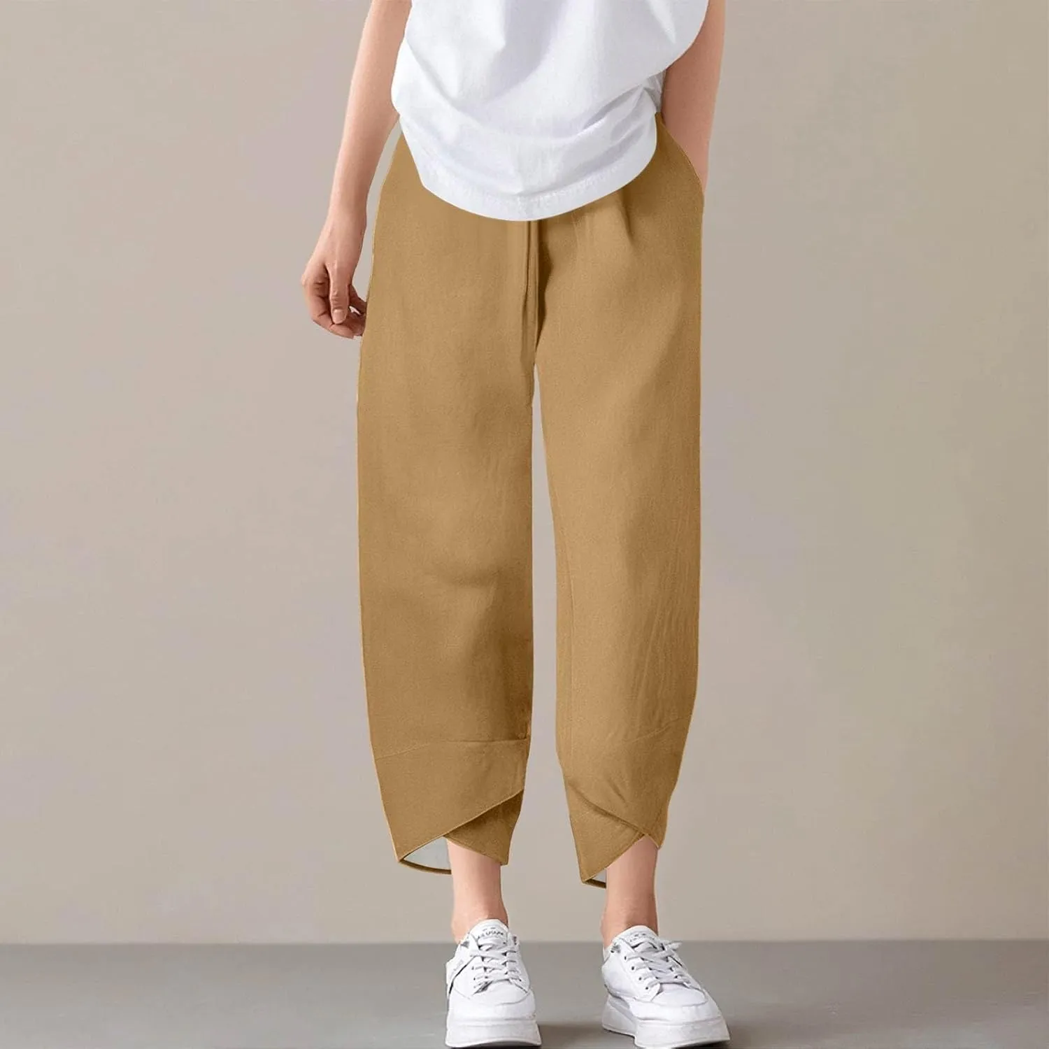 Wide Leg Linen Pants for Women Capri Summer Pants Palazzo Lounge Elastic Waist Cropped Beach Trousers with Pockets