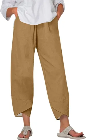 Wide Leg Linen Pants for Women Capri Summer Pants Palazzo Lounge Elastic Waist Cropped Beach Trousers with Pockets