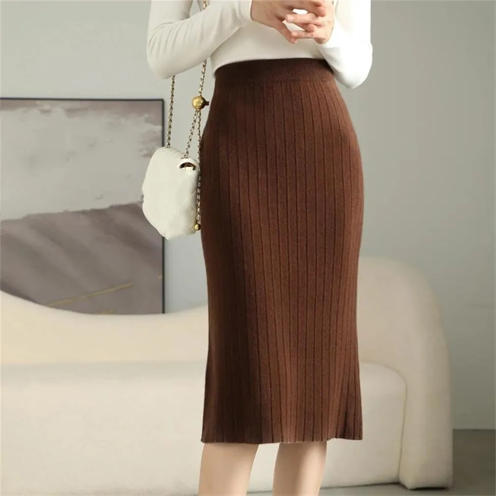Winter Merino Wool Skirt Women's Pleated Midi Skirts Office Knitted Sweater Skirts