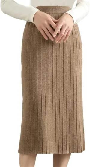 Winter Merino Wool Skirt Women's Pleated Midi Skirts Office Knitted Sweater Skirts