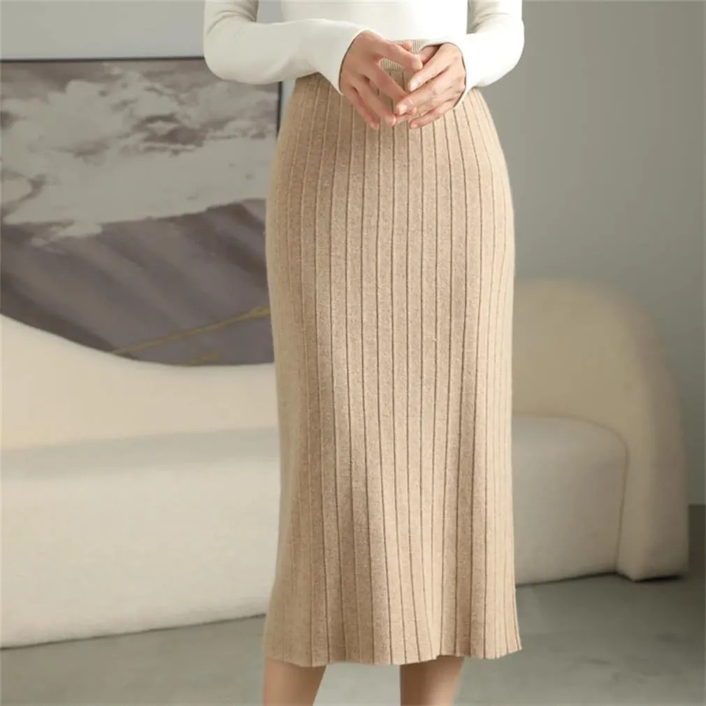Winter Merino Wool Skirt Women's Pleated Midi Skirts Office Knitted Sweater Skirts