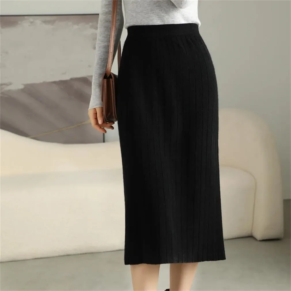 Winter Merino Wool Skirt Women's Pleated Midi Skirts Office Knitted Sweater Skirts