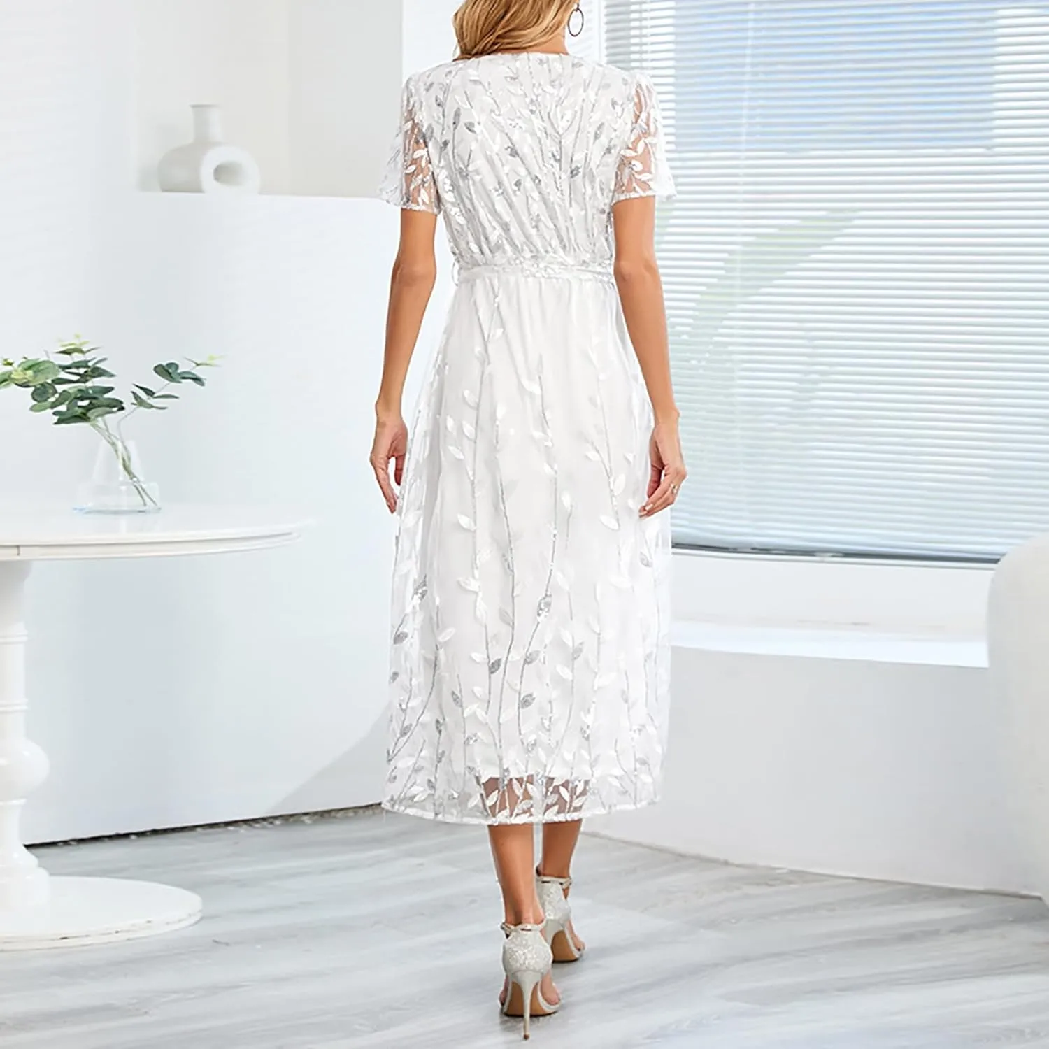 Woman Midi Dress V Neck Short Sleeve Tie Waist Tiered Lace Embroidered Wedding Guest Dresses Cocktail Evening Clothes