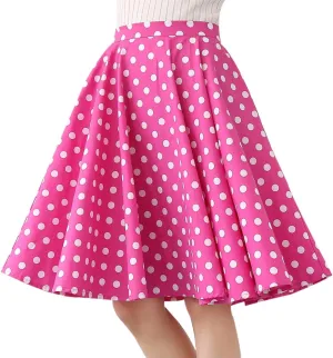 Women 50s Vintage Polka Dot A Line Pleated Midi Skirt Floral Cherry Cocktail Swing Skirt High Waist Knee Length Flared Skirt