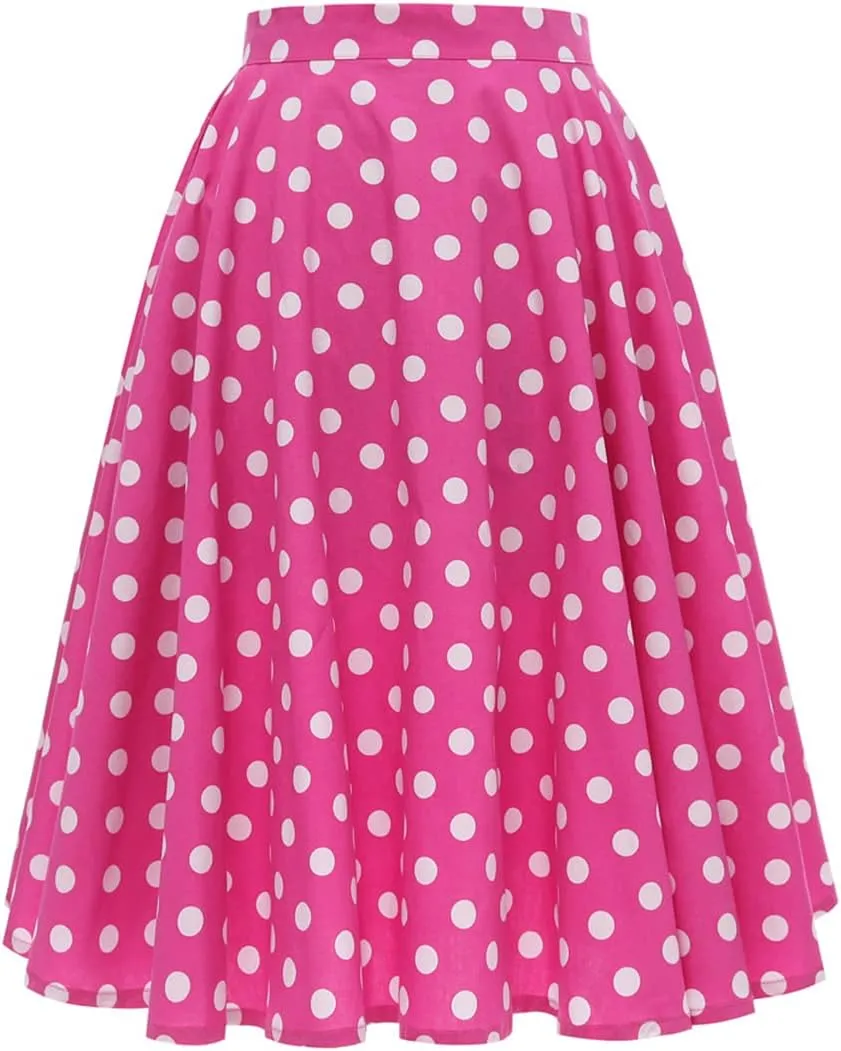 Women 50s Vintage Polka Dot A Line Pleated Midi Skirt Floral Cherry Cocktail Swing Skirt High Waist Knee Length Flared Skirt