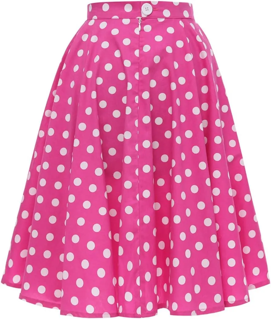 Women 50s Vintage Polka Dot A Line Pleated Midi Skirt Floral Cherry Cocktail Swing Skirt High Waist Knee Length Flared Skirt