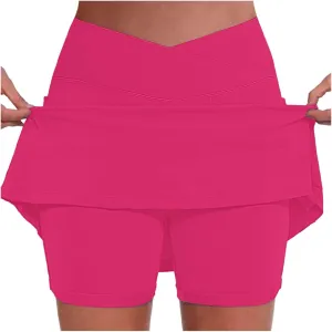 Women Athletic Tennis Skorts with Pockets 2 in 1 Golf Skirt Crossover High Waisted Sports Skorts Built-in Shorts