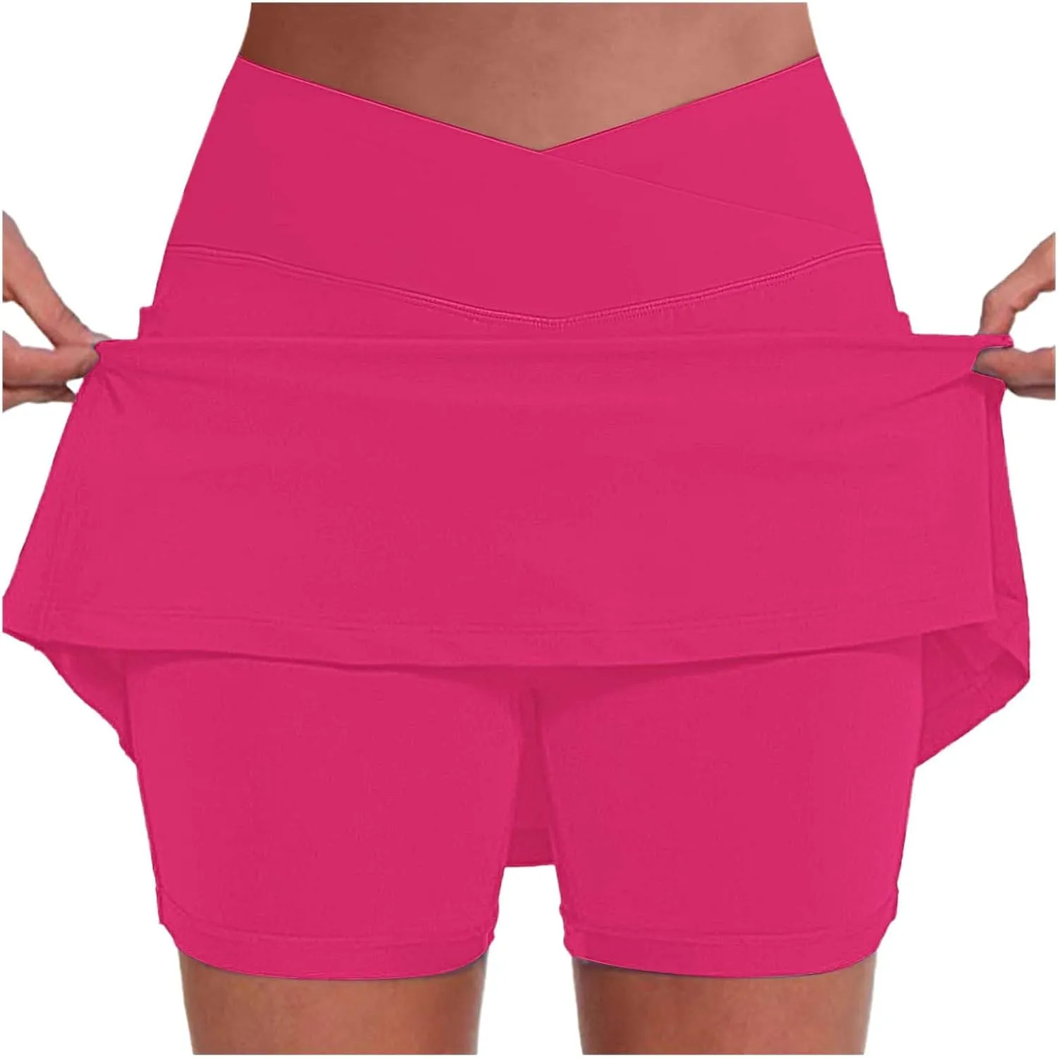 Women Athletic Tennis Skorts with Pockets 2 in 1 Golf Skirt Crossover High Waisted Sports Skorts Built-in Shorts
