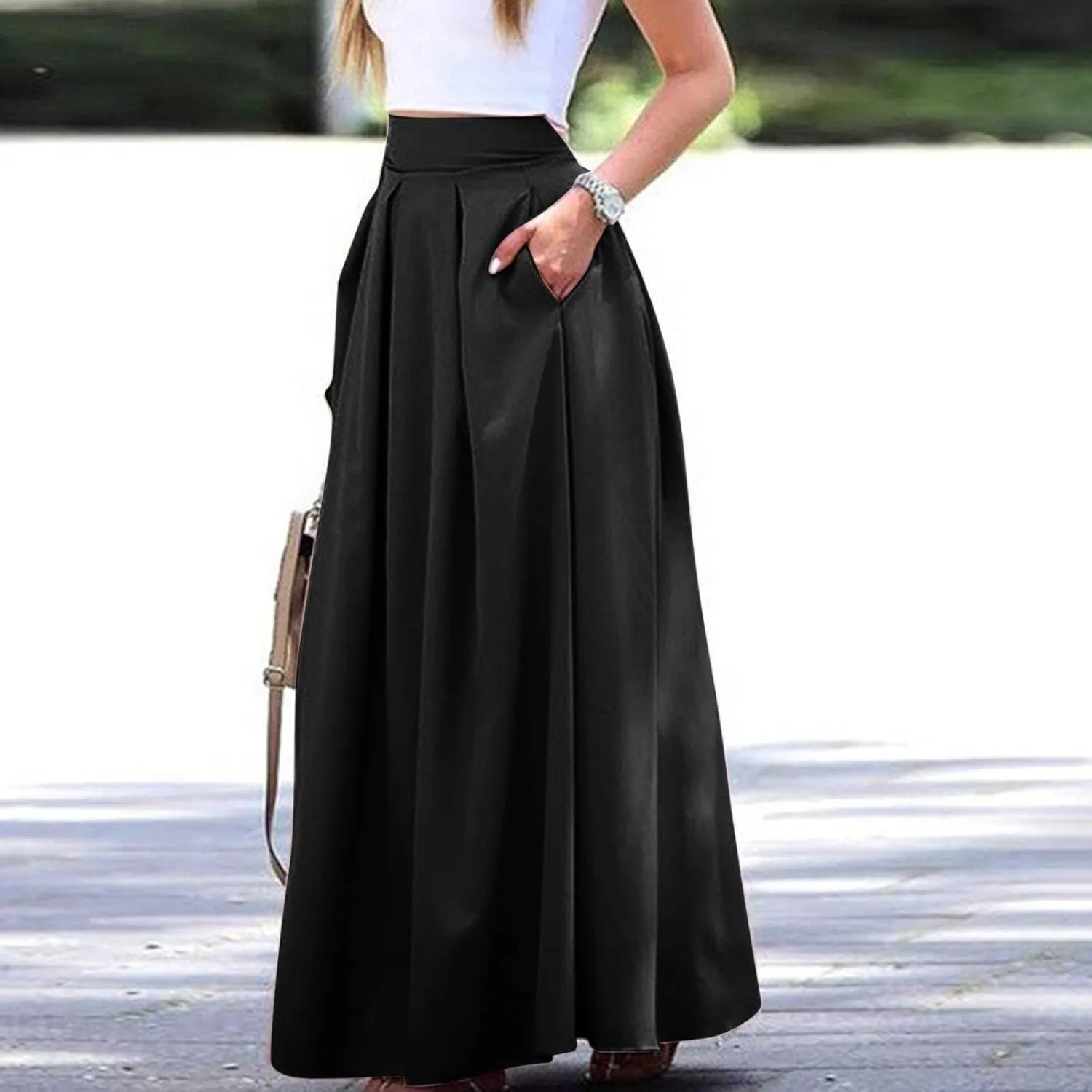 Women Black Skirt Women's 2024 Bohemian Long Skirts Flowy High Waist a Line Maxi Skirts for Women Summer Pleated Skirts