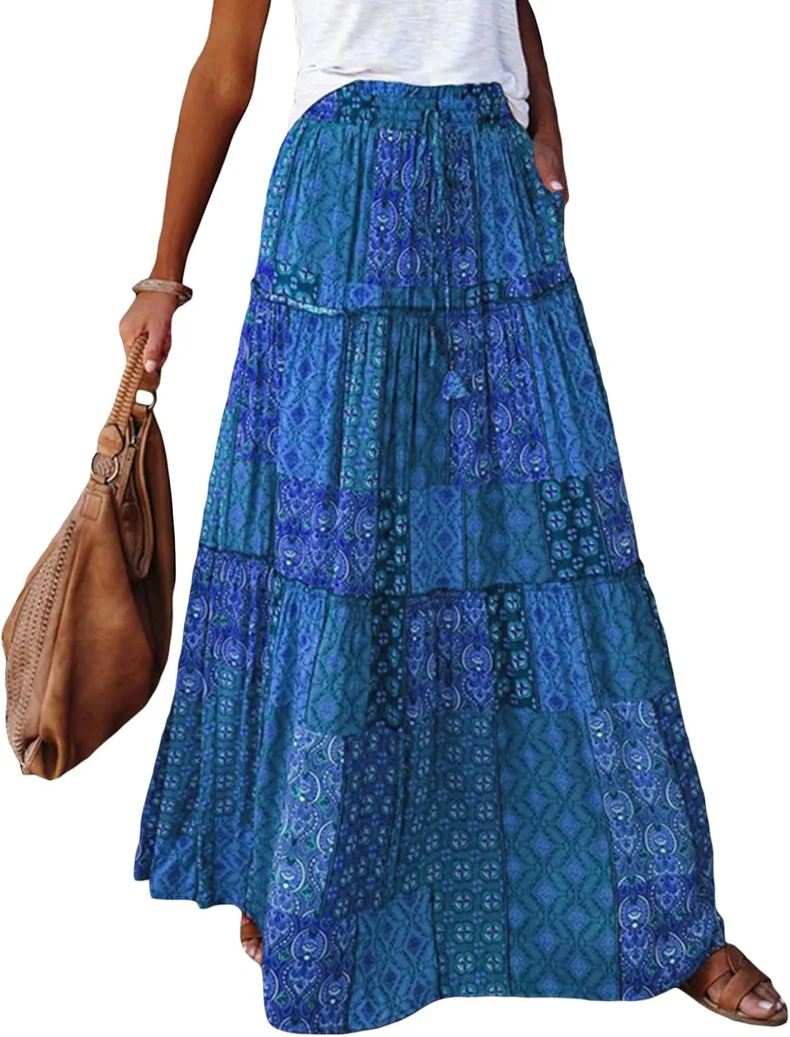 Women Bohemian Maxi Skirts Vintage Elastic High Waist A-Line Skirts Tiered Long Flowy Skirts with Pockets