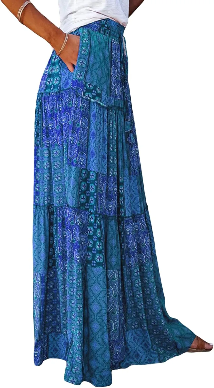 Women Bohemian Maxi Skirts Vintage Elastic High Waist A-Line Skirts Tiered Long Flowy Skirts with Pockets