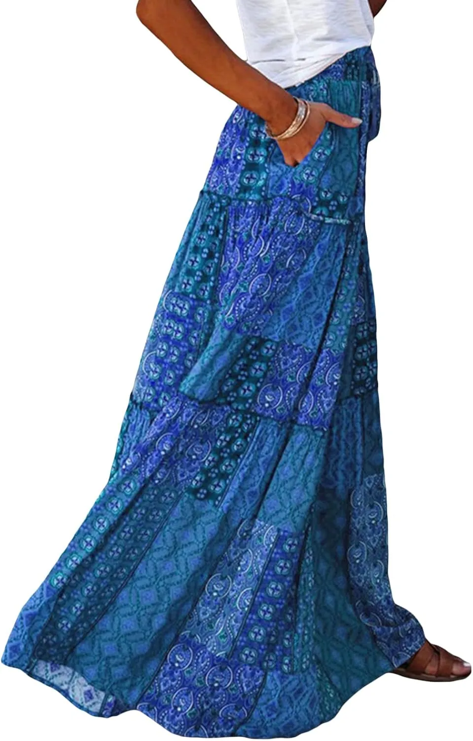 Women Bohemian Maxi Skirts Vintage Elastic High Waist A-Line Skirts Tiered Long Flowy Skirts with Pockets
