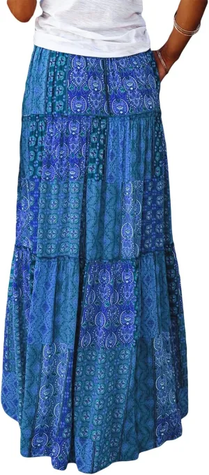 Women Bohemian Maxi Skirts Vintage Elastic High Waist A-Line Skirts Tiered Long Flowy Skirts with Pockets