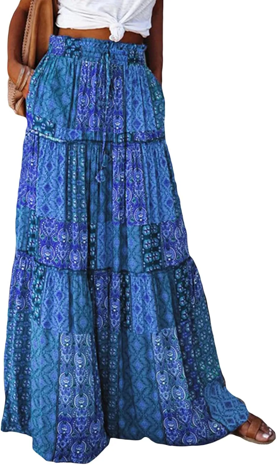 Women Bohemian Maxi Skirts Vintage Elastic High Waist A-Line Skirts Tiered Long Flowy Skirts with Pockets