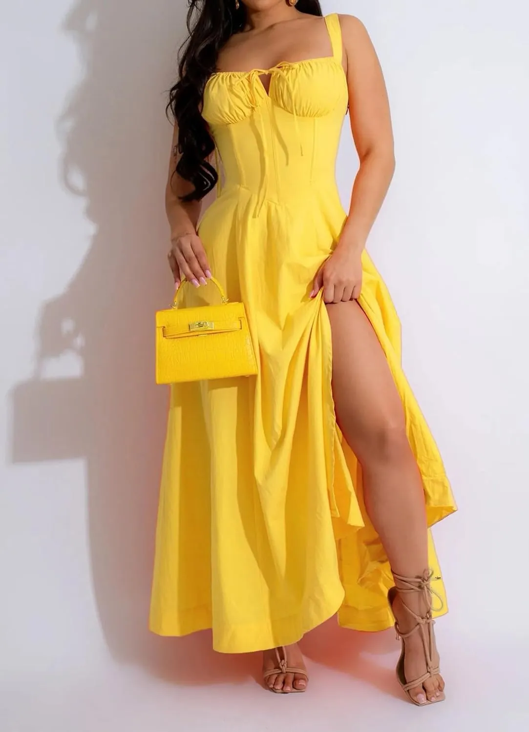 Women Casual Corset Dress Sleeveless Lace Up Ruched Bodycon Split Tie Square Neck A Line Boho Flowy Maxi Sundress