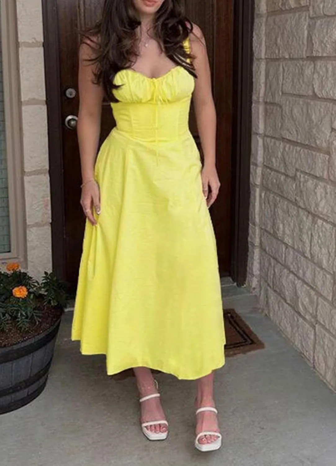 Women Casual Corset Dress Sleeveless Lace Up Ruched Bodycon Split Tie Square Neck A Line Boho Flowy Maxi Sundress