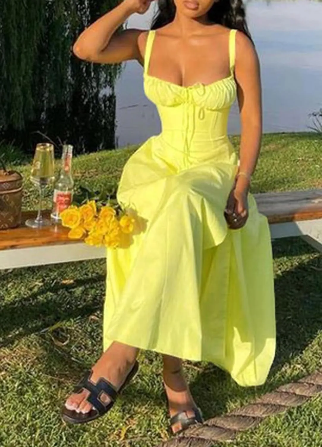 Women Casual Corset Dress Sleeveless Lace Up Ruched Bodycon Split Tie Square Neck A Line Boho Flowy Maxi Sundress