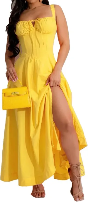 Women Casual Corset Dress Sleeveless Lace Up Ruched Bodycon Split Tie Square Neck A Line Boho Flowy Maxi Sundress