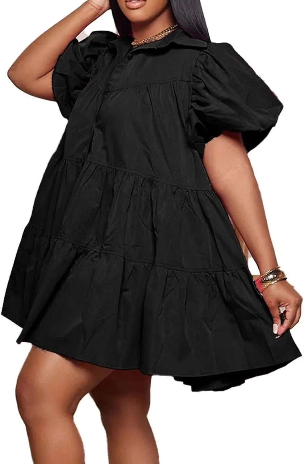 Women Casual Dresses Summer Short Sleeve Button Down Solid Midi Patchwork Dress