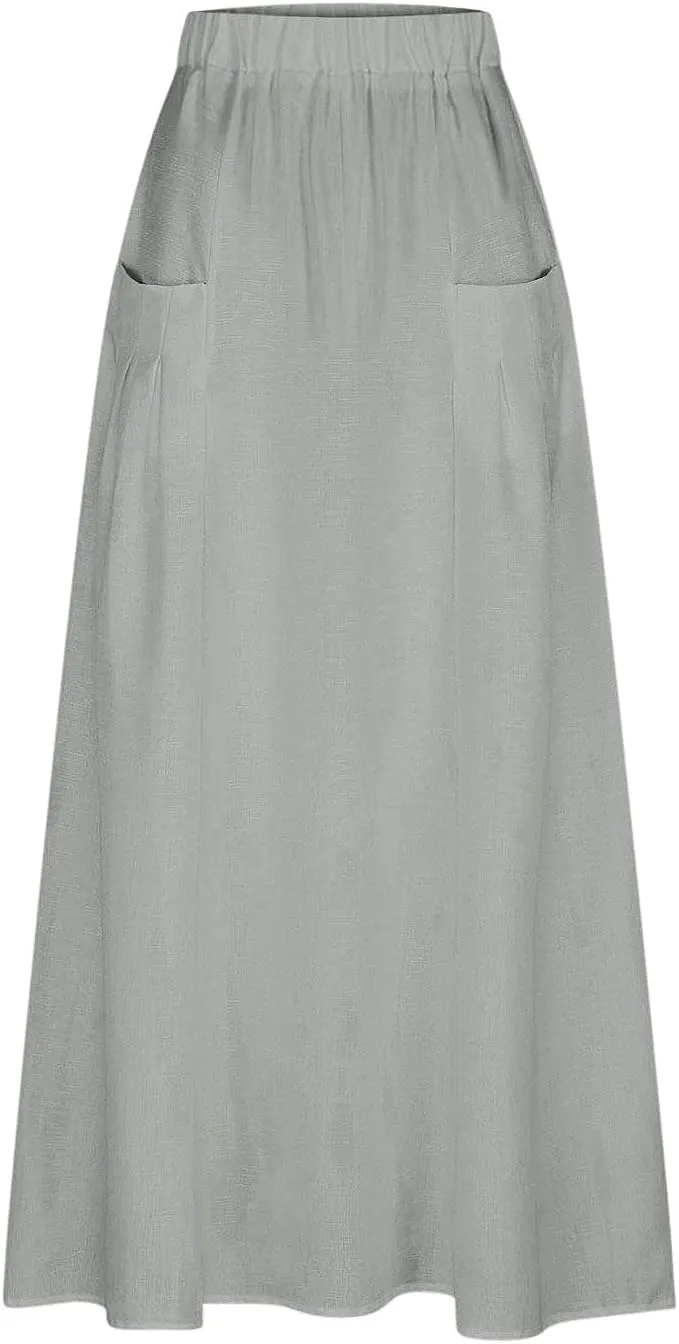 Women Casual Elastic High Waist Long Maxi Skirts Stretch Lightweight Plus Size Knee Length Skirt Summer Beach Dress