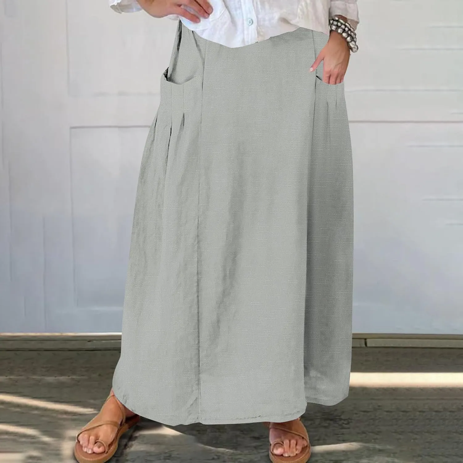 Women Casual Elastic High Waist Long Maxi Skirts Stretch Lightweight Plus Size Knee Length Skirt Summer Beach Dress
