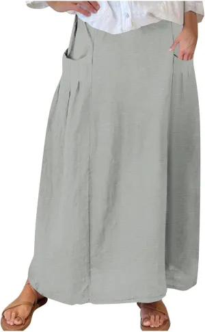 Women Casual Elastic High Waist Long Maxi Skirts Stretch Lightweight Plus Size Knee Length Skirt Summer Beach Dress
