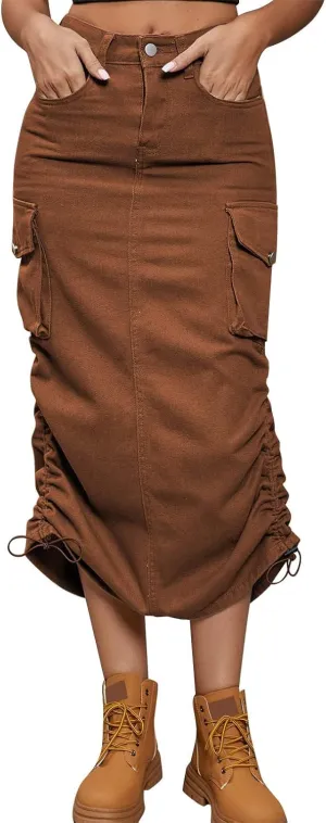 Women Drawing Rope Casual Fashion Half Body Denim Skirt High Split Skirt Pleated Midi Skirt (B-Brown, XXL)