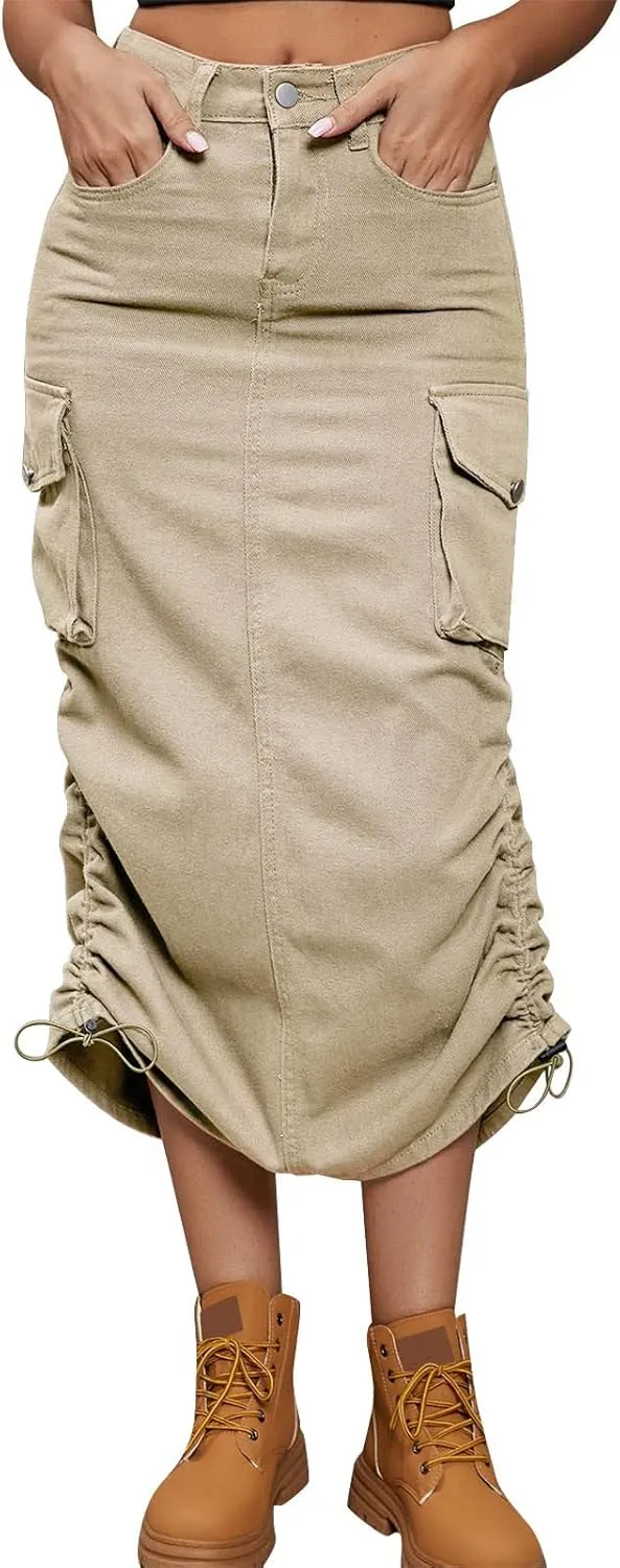 Women Drawing Rope Casual Fashion Half Body Denim Skirt High Split Skirt Pleated Midi Skirt (B-Khaki, S)