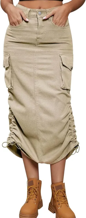 Women Drawing Rope Casual Fashion Half Body Denim Skirt High Split Skirt Pleated Midi Skirt (B-Khaki, S)