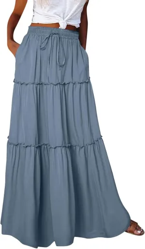 Women Elastic High Waist Floral Print Boho Maxi Skirt Tiered Pleated Flowy Long Summer Beach Skirt