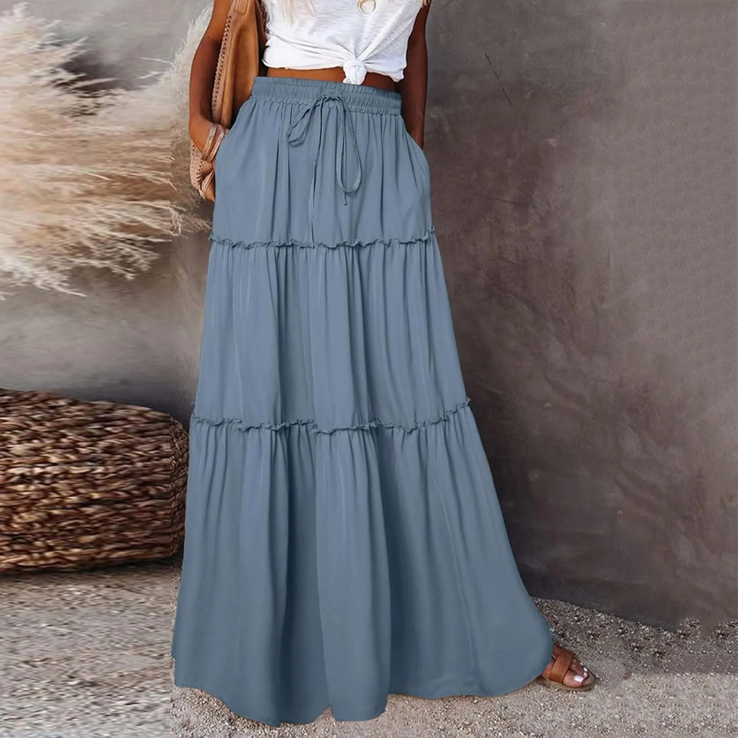 Women Elastic High Waist Floral Print Boho Maxi Skirt Tiered Pleated Flowy Long Summer Beach Skirt