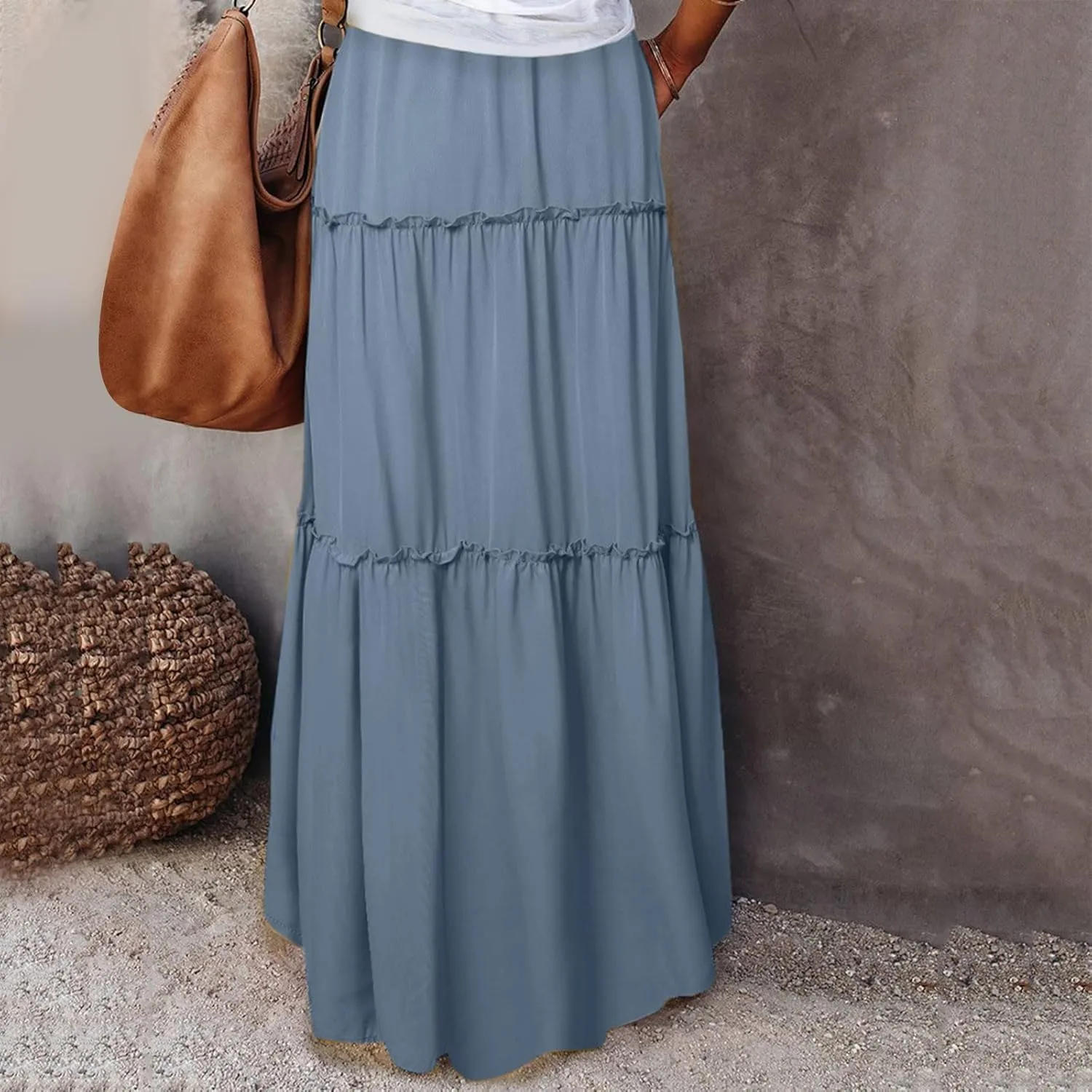 Women Elastic High Waist Floral Print Boho Maxi Skirt Tiered Pleated Flowy Long Summer Beach Skirt