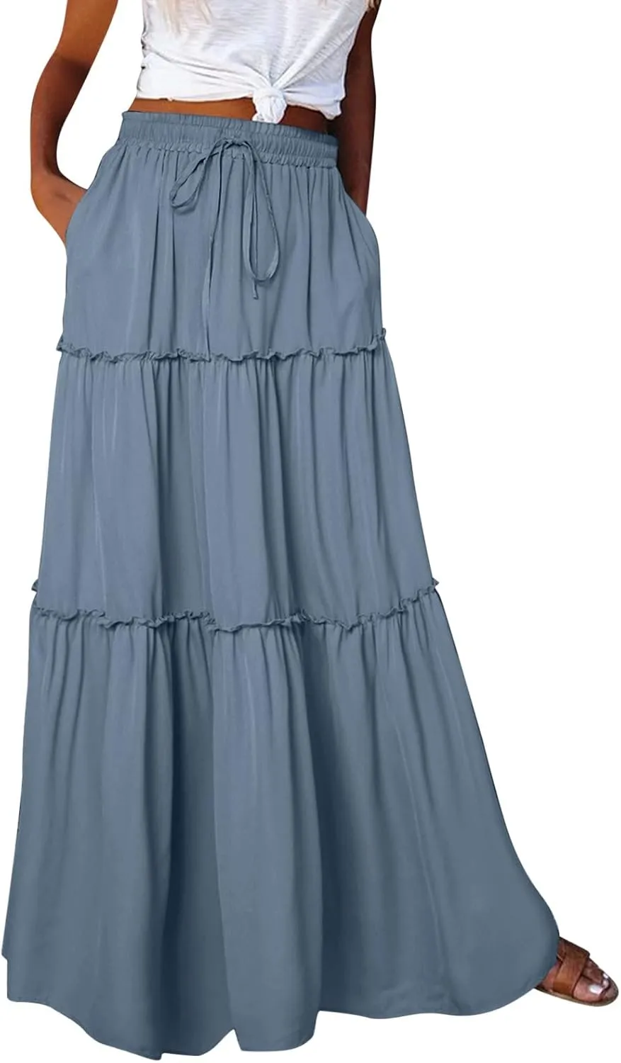 Women Elastic High Waist Floral Print Boho Maxi Skirt Tiered Pleated Flowy Long Summer Beach Skirt