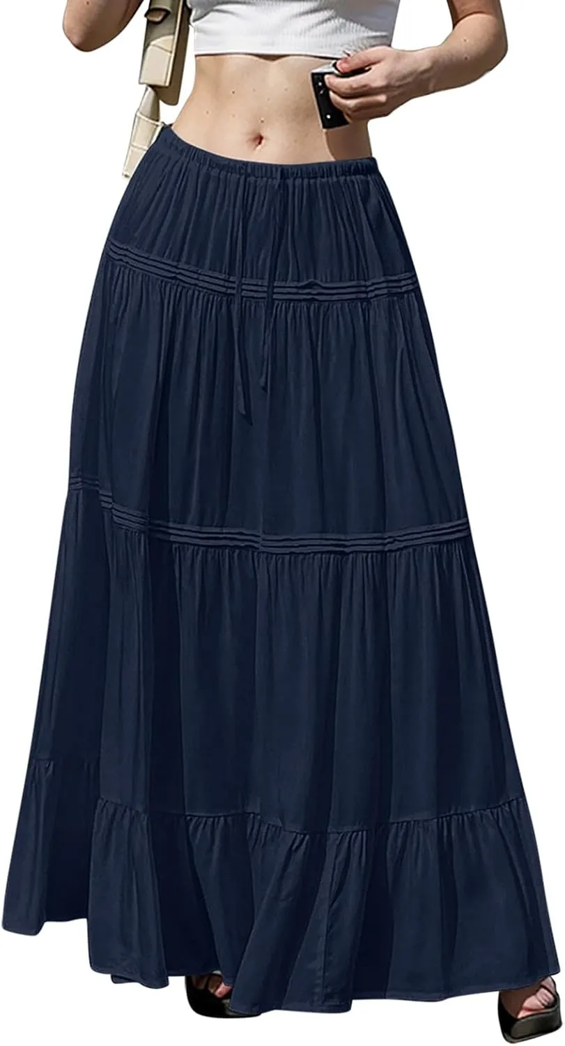 Women Elastic Waist Maxi Skirt Solid Color A Line Pleated Skirts Ruffle Tiered Beach Vacation Long Skorts