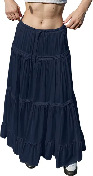 Women Elastic Waist Maxi Skirt Solid Color A Line Pleated Skirts Ruffle Tiered Beach Vacation Long Skorts