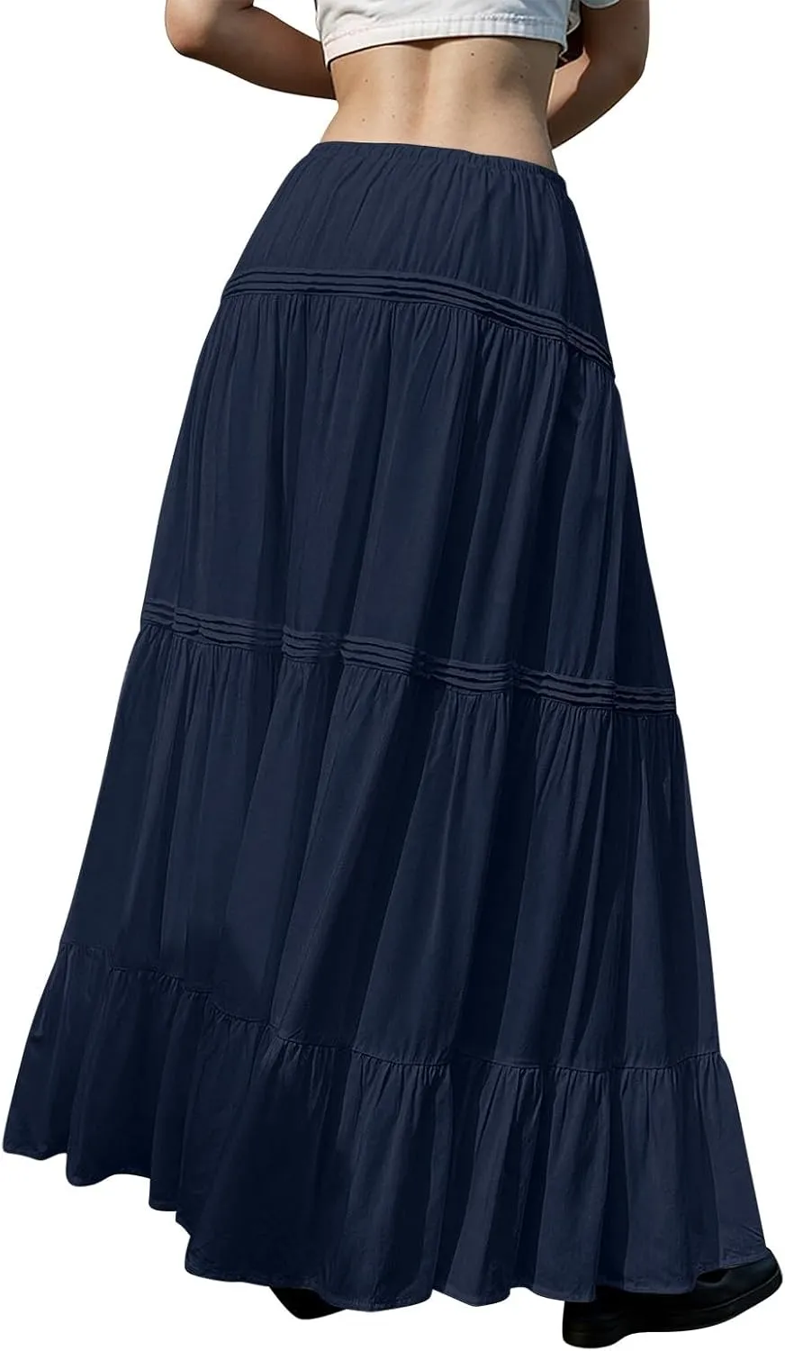 Women Elastic Waist Maxi Skirt Solid Color A Line Pleated Skirts Ruffle Tiered Beach Vacation Long Skorts