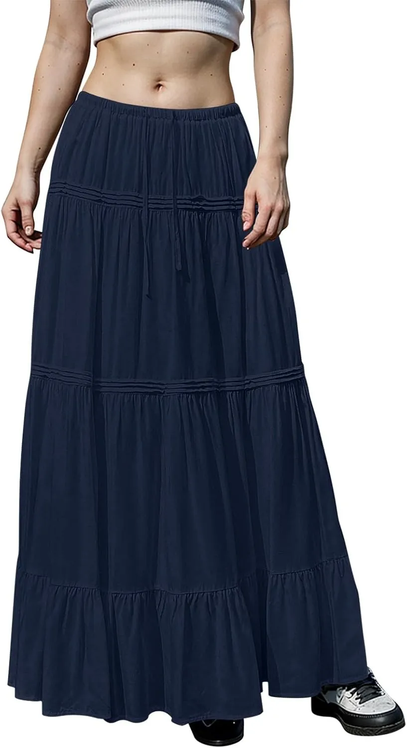 Women Elastic Waist Maxi Skirt Solid Color A Line Pleated Skirts Ruffle Tiered Beach Vacation Long Skorts
