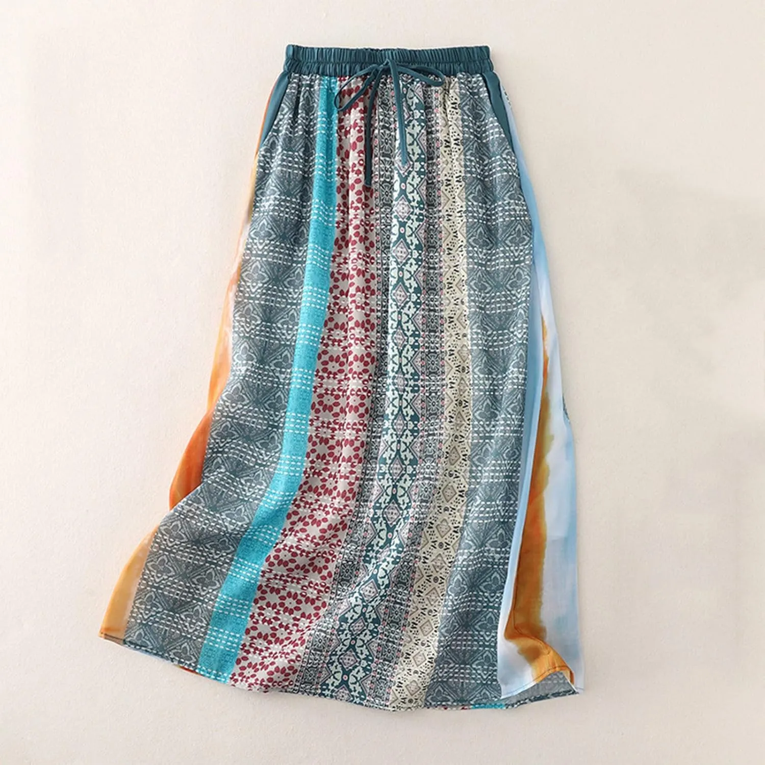 Women Ethnic Style Midi Skirt Summer Lightweight Drawstring Elastic Waist A-Line Skirts Casual Flowy Beach Skirt