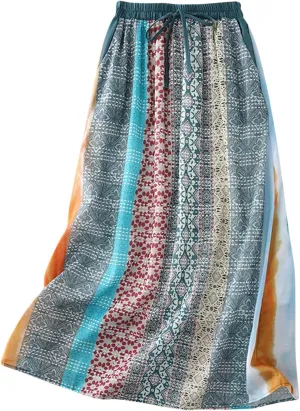 Women Ethnic Style Midi Skirt Summer Lightweight Drawstring Elastic Waist A-Line Skirts Casual Flowy Beach Skirt