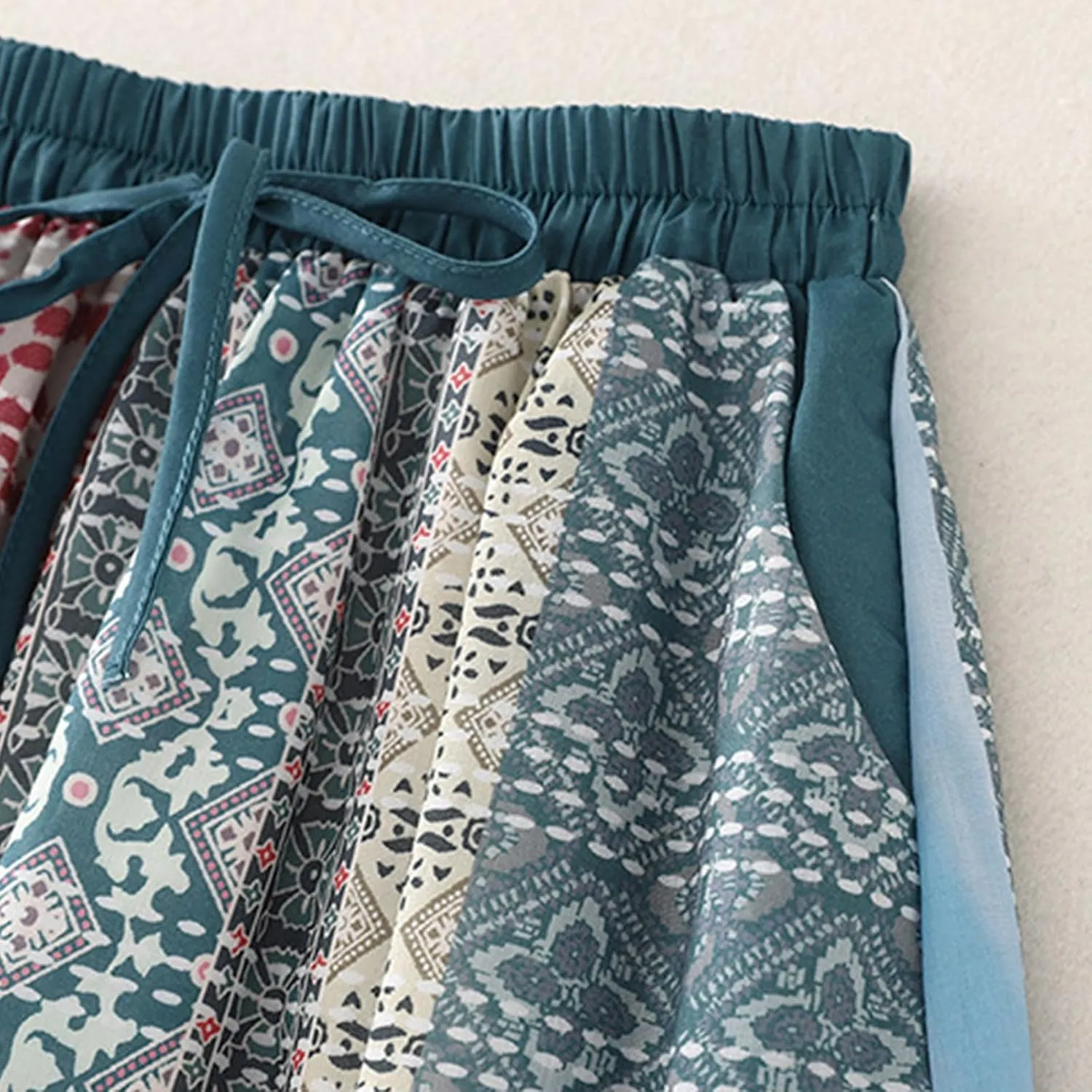 Women Ethnic Style Midi Skirt Summer Lightweight Drawstring Elastic Waist A-Line Skirts Casual Flowy Beach Skirt