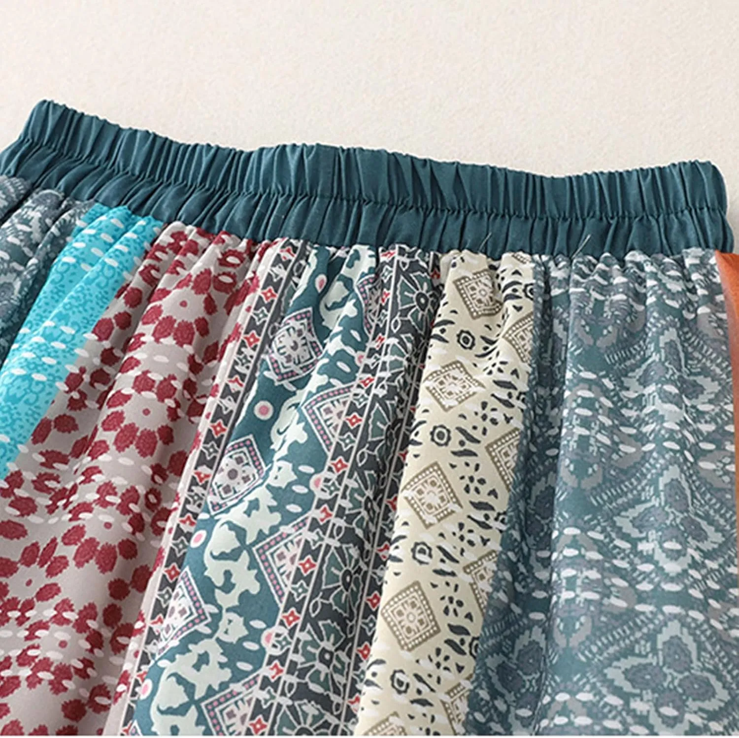Women Ethnic Style Midi Skirt Summer Lightweight Drawstring Elastic Waist A-Line Skirts Casual Flowy Beach Skirt