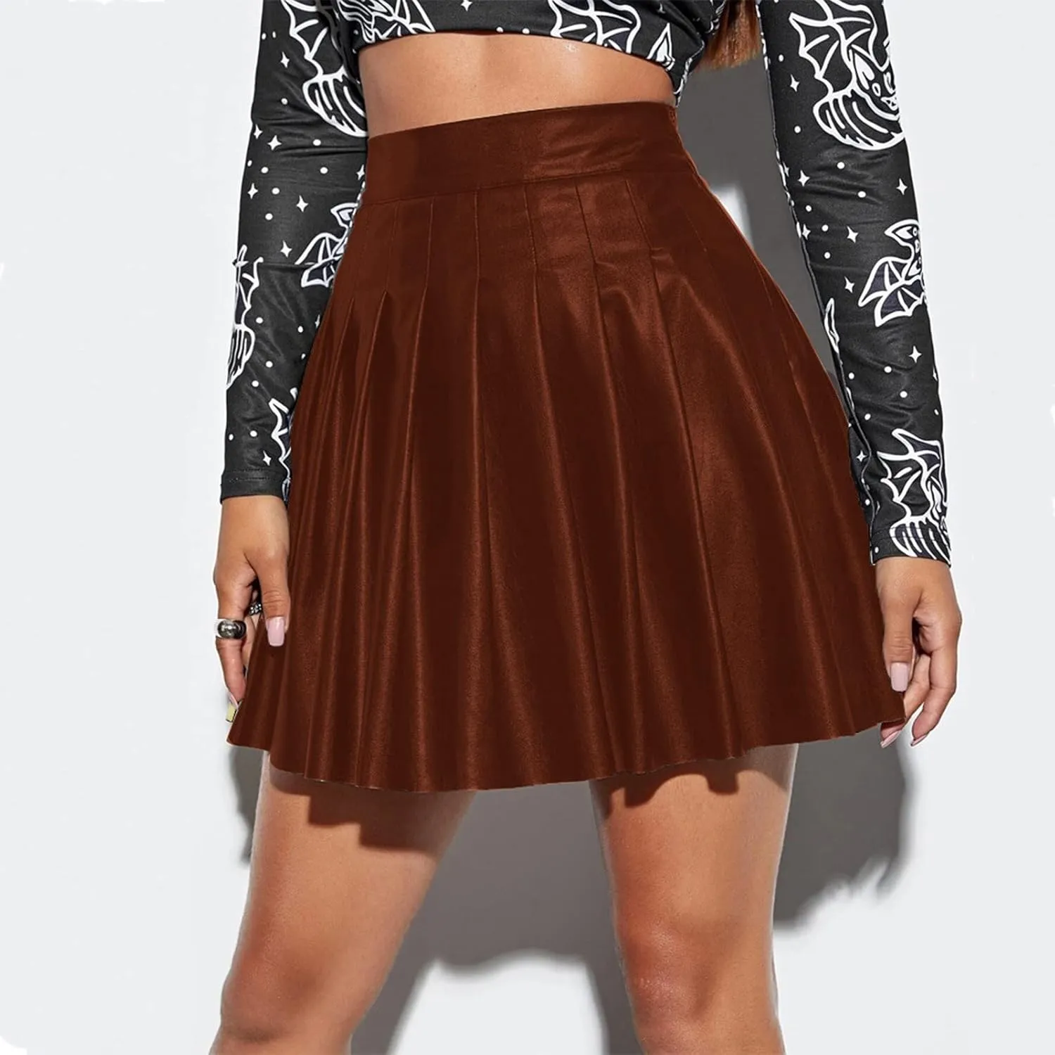 Women Fashion Pleated Skirt Waist High Leather Skirt Short Elegant Solid Skirt Pleated Midi Pleated School Girl