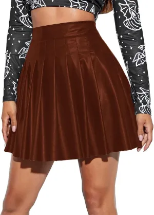 Women Fashion Pleated Skirt Waist High Leather Skirt Short Elegant Solid Skirt Pleated Midi Pleated School Girl
