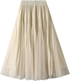 Women Fleece Mesh Patchwork Midi Skirts Solid Casual High Waist Long Skirts