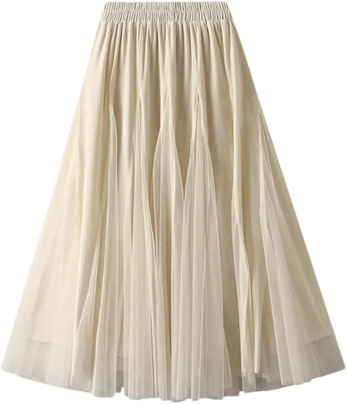 Women Fleece Mesh Patchwork Midi Skirts Solid Casual High Waist Long Skirts