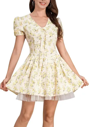 Women Floral Corset Dress Short Sleeve Boho Summer Dresses Sexy Lace Short Bustier Mini Dress Bustier Casual Sundress