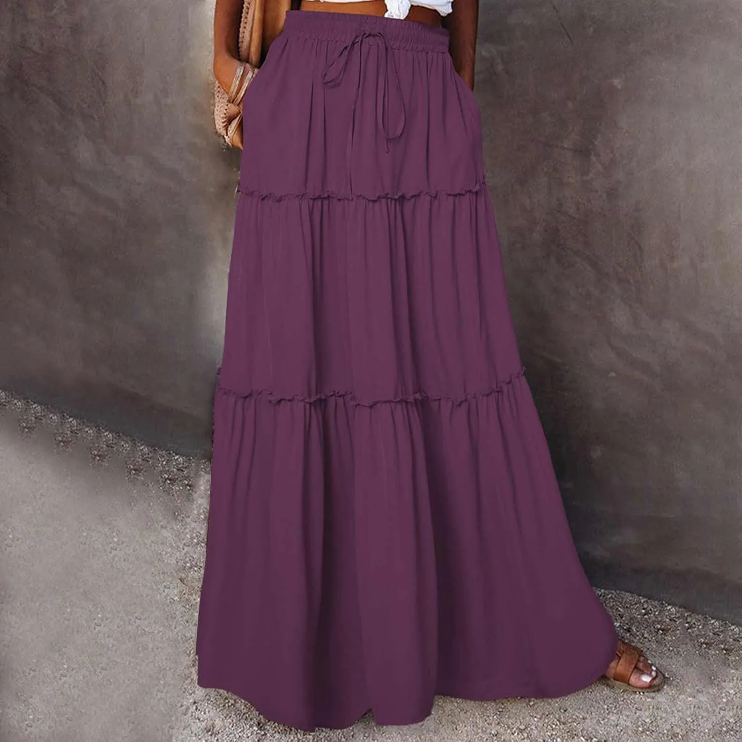Women Flowy Layered Tiered Maxi Skirts Elastic High Waisted A Line Summer Beach Skirt Plus Size Stretch Dress