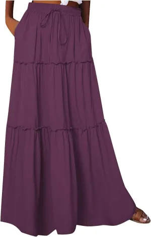 Women Flowy Layered Tiered Maxi Skirts Elastic High Waisted A Line Summer Beach Skirt Plus Size Stretch Dress