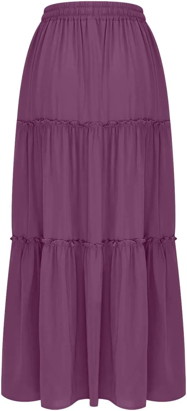 Women Flowy Layered Tiered Maxi Skirts Elastic High Waisted A Line Summer Beach Skirt Plus Size Stretch Dress