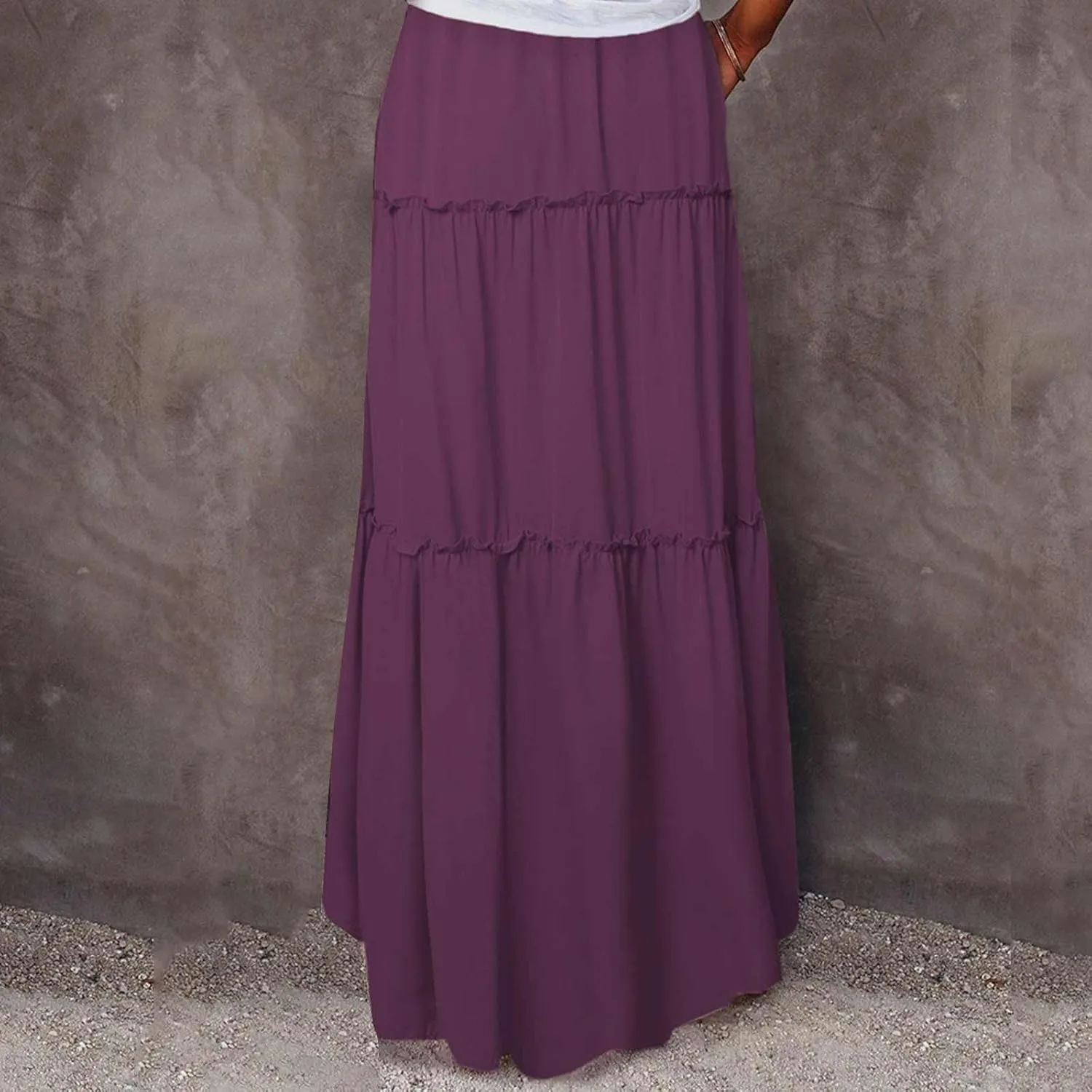 Women Flowy Layered Tiered Maxi Skirts Elastic High Waisted A Line Summer Beach Skirt Plus Size Stretch Dress